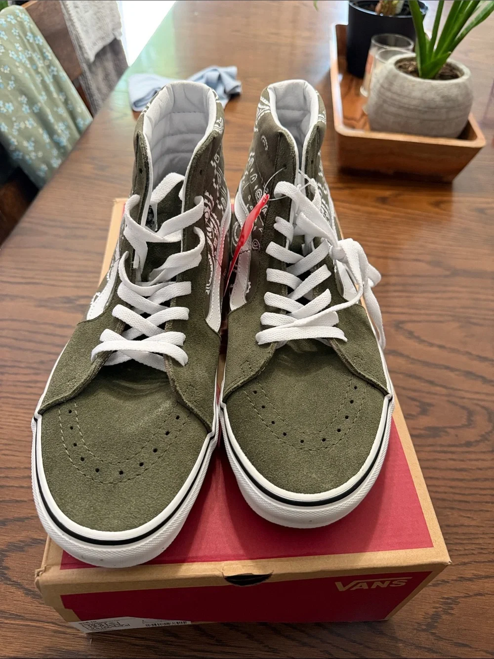 Vans Olive Green High-Top Suede Sneakers with White Stripe